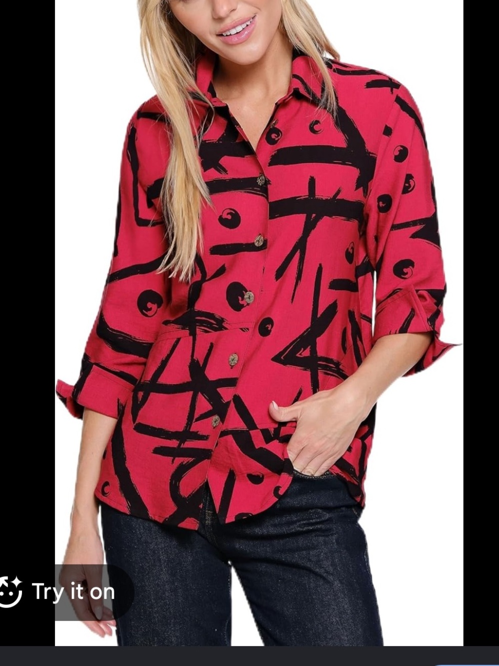 Ali Miles red button up shirt black abstract graffiti design 3/4 sleeves size PL